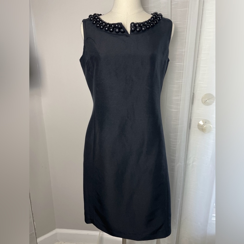 NWT Talbots Size 8P Petites Black Sleeveless Shift Dress Embellished Neckline